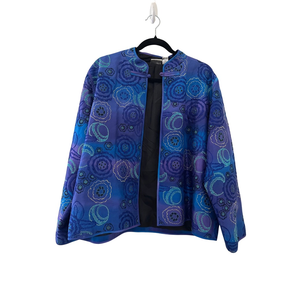 Chico's Size 3 Women Blue Purple Embroidered Silk Quilted Mandarin Jacket Artsy
